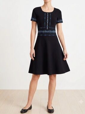 Sandro Paris Black Knit Embroidered Short Sleeve Dress in Womens Size Small
